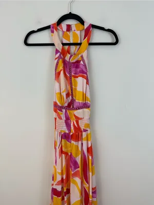 Abel the Label Orange and Pink Halter Open Back Maxi Dress Slitted Size Large thumbnail 3