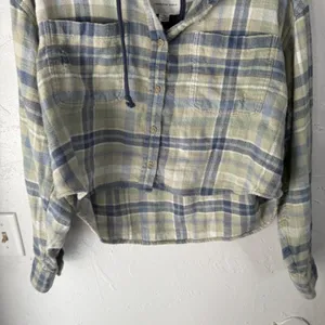 American Eagle Outfitters Plaid Cropped Shirt Jacket Hoodie Blue‎ Green Womens L thumbnail 3