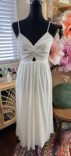 Aerie Off White Twist Front Keyhole Semi-Sheer Side Slit Boho Hippie Midi Dress thumbnail 1