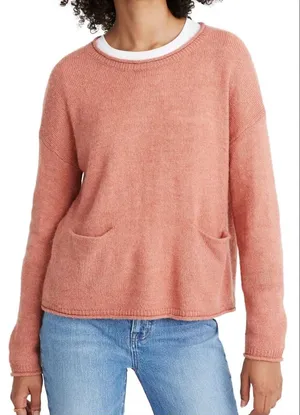 Madewell Pink Orange Knit Chelsea Pocket Pullover Alpaca Blend Sweater Size L thumbnail 1