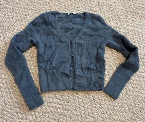 Abercrombie & Fitch Fuzzy Cardigan Sweater Charcoal Gray V‎ Neck Button Front XS thumbnail 1