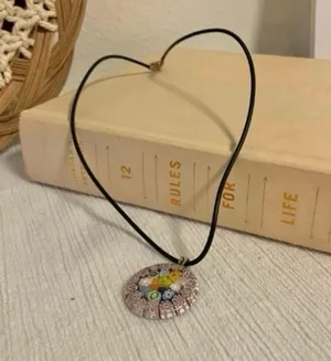 Millefiori Glass Charm Pendant Necklace Vintage “Dahlia” Leather Strand Italian Classi thumbnail 3