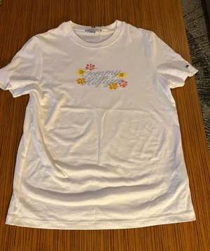 Tommy Hilfiger White Tee with Pink & Yellow Floral Logo thumbnail 1