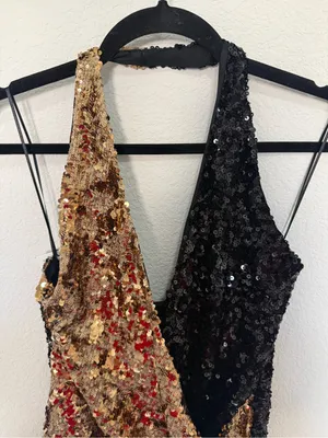 ZARA Gold and Black Sequin Halter Top Size Small Glam Festival Metallic thumbnail 6