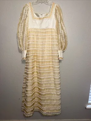vintage 70s pale yellow maxi dress sheer ruffled tiers and long puff sleeves thumbnail 2