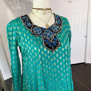 Source Unknown Turquoise and Gold Embroidered Blue Beaded Indian Silk Kameez Dress XS / 34 thumbnail 3