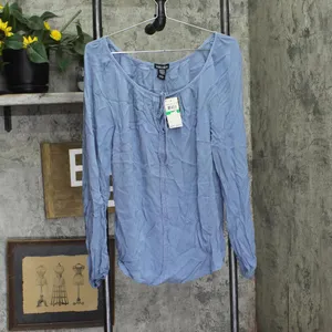 NWT Stoosh Juniors Long-Sleeve Lace-Inset Peasant Blouse Top Blue L thumbnail 2