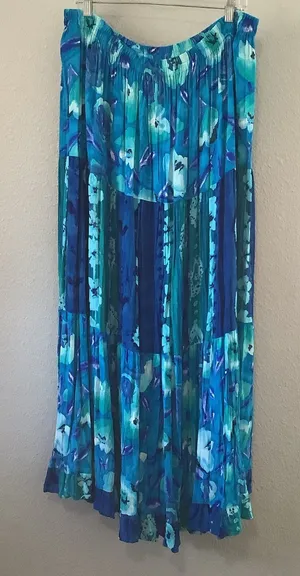 Vintage Blue Mermaidcore Floral Patchwork Bohemian Hippie Festival Maxi Skirt XL thumbnail 1