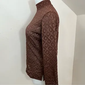 Manuela Semi Sheer Brown Lace/ Crochet Mock Neck Long Sleeve Top S thumbnail 2