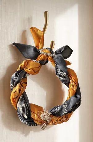 Handmade Orange and gray bandanna Twist trendy necklace with Pearl Brooch thumbnail 1