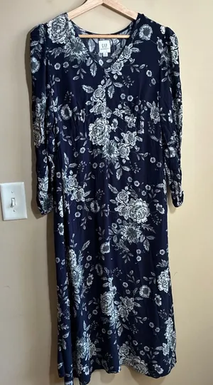 Gap Maternity Floral Midi Dress S Navy Blue Women Rayon Long Sleeve thumbnail 1