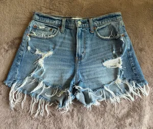 Abercrombie & Fitch Curve Love Mid Rise Mom Shorts Distressed Blue 25 0 thumbnail 1