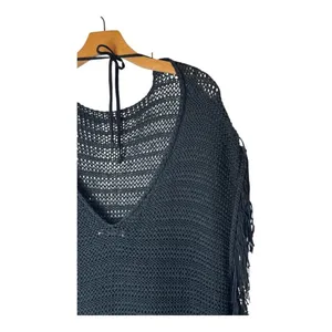 Zara Sweater Women Small Black Open Knit V Back Fringe Sides Short‎ Sleeve Tunic thumbnail 7