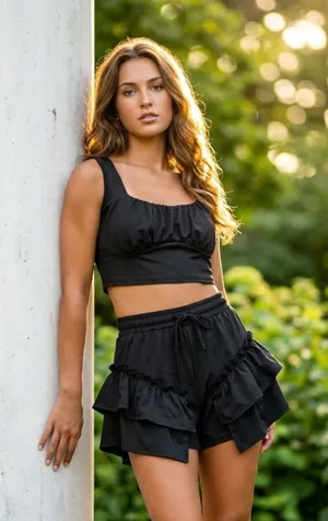 Coquette Black Tiered Ruffle Crop & Top Frilled Skorts 2pc Bloomer Set - Size XL thumbnail 1