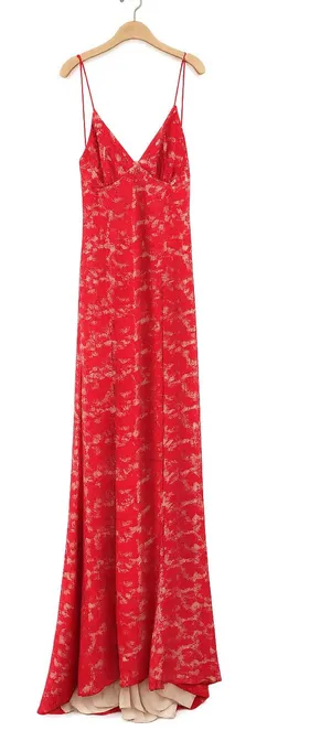 JARLO Red Lace Nude Underlay Low Back Maxi‎ Dress Size UK 14 = US 10 thumbnail 1
