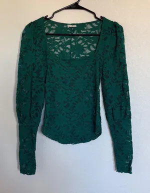 Intimately Free People Green Lace Square Neck Puff Sleeve Top Whimsigoth Boho XS thumbnail 1