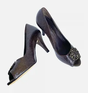 Antonio Melani Sz 6 Brown Buckle Snake Embossed Leather‎ Peep Toe Stiletto thumbnail 1