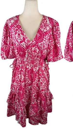 Entro Pink Damask Print V-Neck Smocked Mini Dress Small Vibrant Festival Girly thumbnail 1