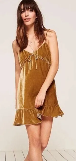 NEW WITH TAGS Reformation Gold Velvet Mini Dress Tie Front Ruffle Hem Size S thumbnail 1