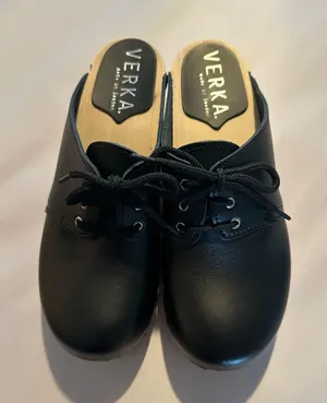 Verka Black Leather Lace-Up Clog Mules thumbnail 1