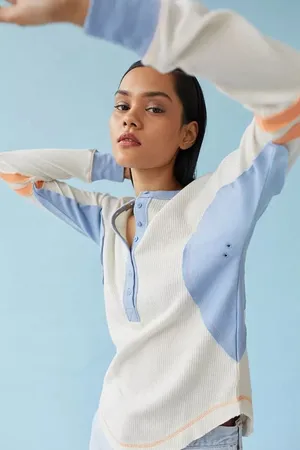 BDG Urban Outfitters Waffle Knit Henley Top Cream Blue Orange L Large thumbnail 1