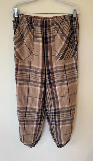 Aerie women’s gauze pants size M high waist brown plaid Loungewear grandmacore thumbnail 1