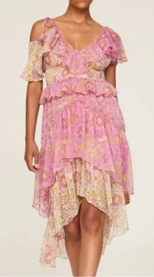 MISA Los Angeles Liv Cold Shoulder Floral Midi Dress Medium Pink Yellow Ruffle thumbnail 1