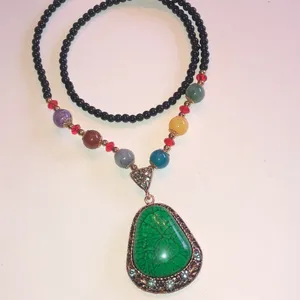 Multicolor Beaded Boho Chunky Necklace with Green Pendant thumbnail 3
