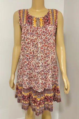 Lucky Brand Womens Bohemian Tiered Floral Print Keyhole Mini Dress Red Mustard M thumbnail 1