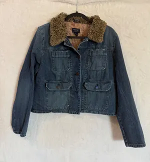 American Eagle Denim Jacket XL Womens Faux Shearling Collar Floral Lining Blue thumbnail 1