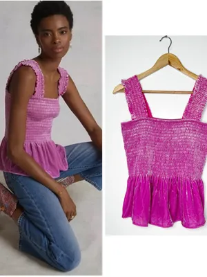 By Anthropologie Smocked Velvet Babydoll Tank Top Pink Fuchsia Medium thumbnail 2