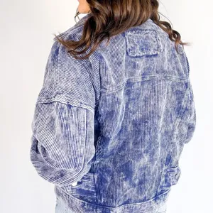 POL Women’s Corduroy Denim Button Down Trucker Jacket in Vintage Wash Blue M thumbnail 2