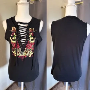 Guess Los Angeles Black Lace Up Graphic Tank Top Roses Rock Style‎ Size Medium thumbnail 6