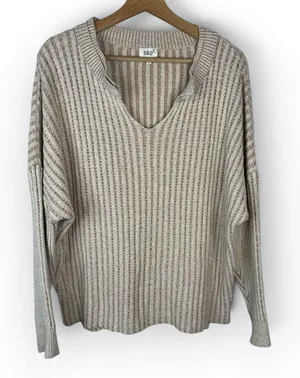 BKE Womens Large Oversized V Neck Ribbed Sweater Beige Tan Striped Slouchy thumbnail 1