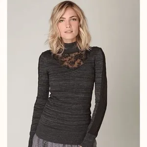 Free‎ People Navy Blue Metallic Lace Inset Turtleneck Sweater Small thumbnail 8