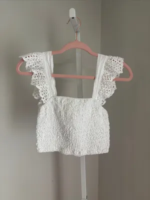 Misa Los Angeles Abelia Top White Smocked Eyelet Flutter Sleeve Crop Top Size S thumbnail 4