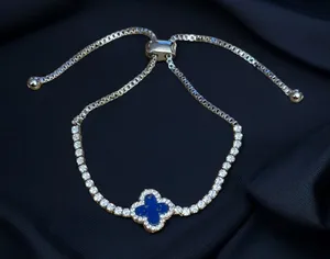 Silver tone blue clover bolo tennis bracelet thumbnail 1