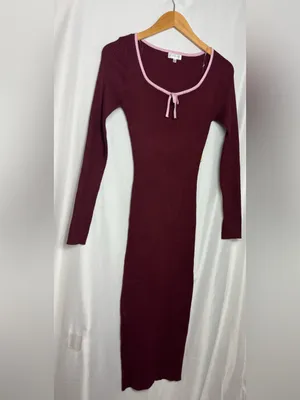 Ribbed Long Sleeve Bodycon Dress in Burgundy with Pink Trim Small NWT thumbnail 2