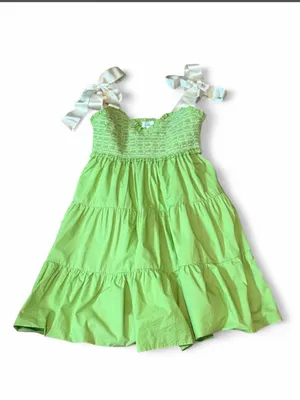 LOVELO Lime Green Smocked Tiered Cotton Dress Adjustable Ribbon Tie Straps M thumbnail 6