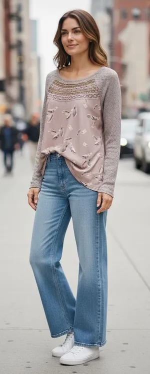 One September Sequin Feather Print Knit Long Sleeve Top Beige Brown‎ Women's S thumbnail 1