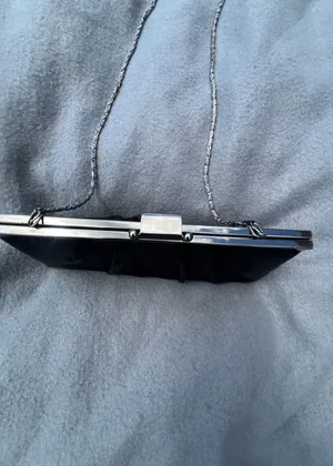 Black Satin Evening Clutch With Silver Chain Strap and Kiss Lock Frame thumbnail 4