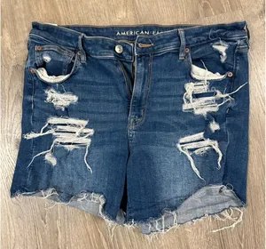 American Eagle High V-Rise Shortie Distressed Denim Shorts Size 16 Blue Stretch thumbnail 1