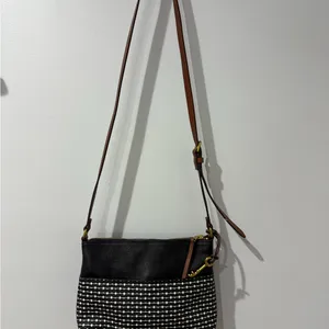 Fossil Fiona Striped Crossbody Bag Purse Handbag Black White Brown‎ With Key N thumbnail 2