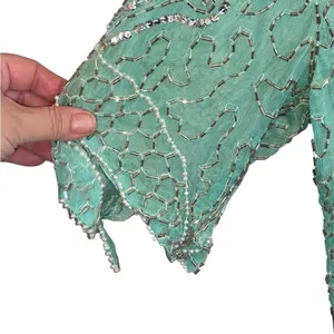 Handmade Vintage 90s Beaded Sequin Seagreen Fairycore Asymmetrical Hem Formal blouse thumbnail 8
