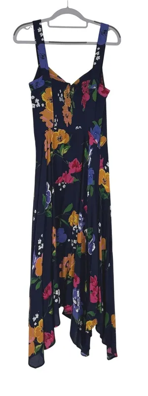 Maeve Anthropologie Smocked Floral Midi Dress Navy Blue Orange‎ Yellow thumbnail 1