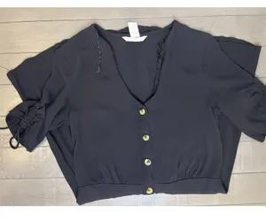 H&M Size 4 Black Blouse Dress Half Sleeve Mid Length V Neck Casual Button Down thumbnail 8