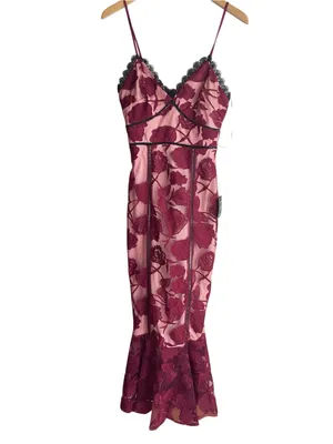 Lulus Alluring Dream Burgundy Floral Mesh Lace Trumpet Midi Dress thumbnail 4