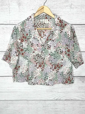 Cynthia Rowley Floral Multicolor Button-Front Cropped Sleep Shirt Size Medium thumbnail 14