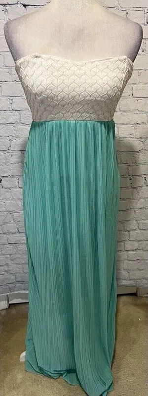 Levee Maxi Strapless Teal And White Flowy Long Dress Size Small thumbnail 1