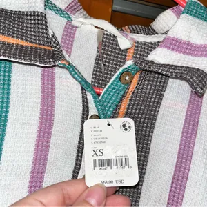 Free People Striped Button Down Shirt in Pink, Green, Brown, White thumbnail 5